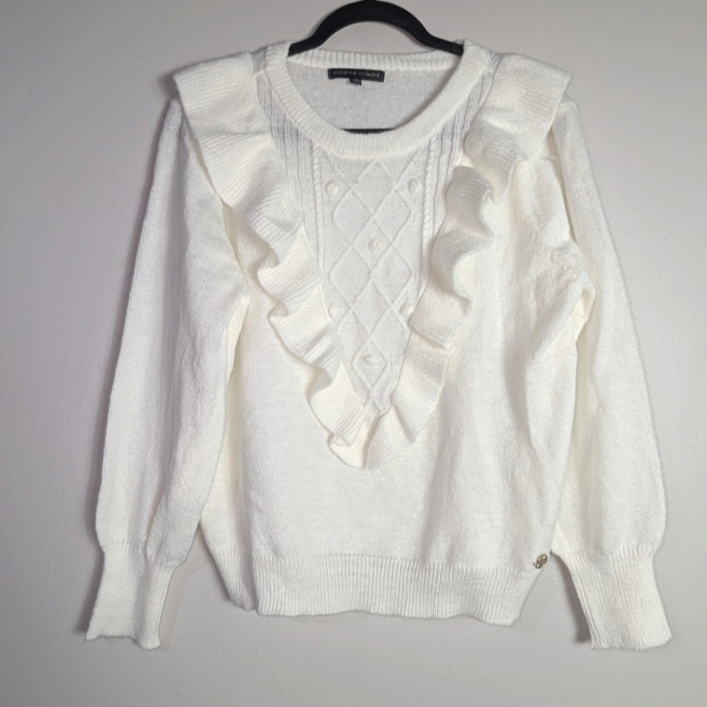 XL Adrienne Vittadini Cream Ruffle Front Pullover Sweater